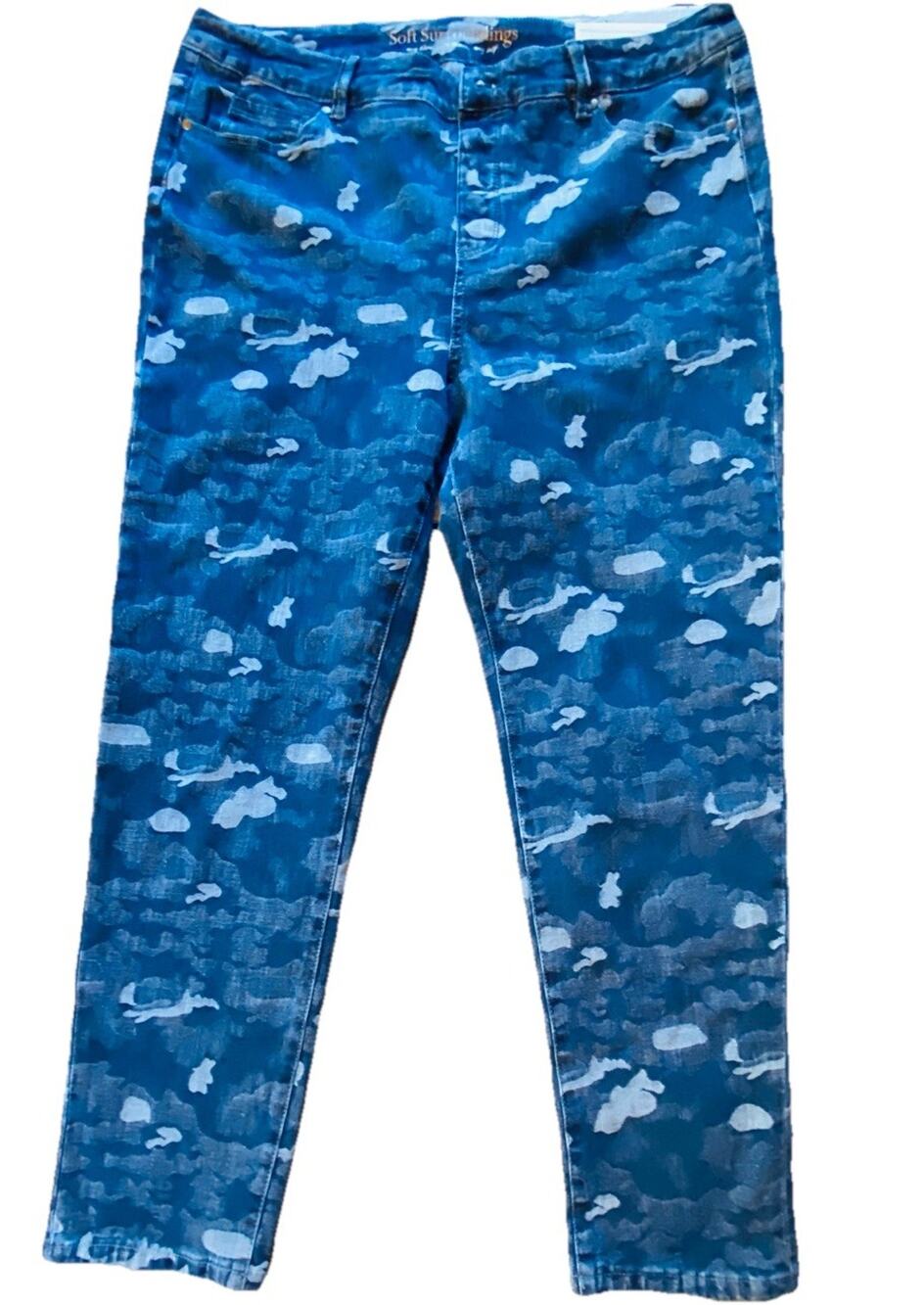 Soft Surroundings Pants Plus Size 18 P Blue Camo Denim 5 Pocket Pull On Jeans